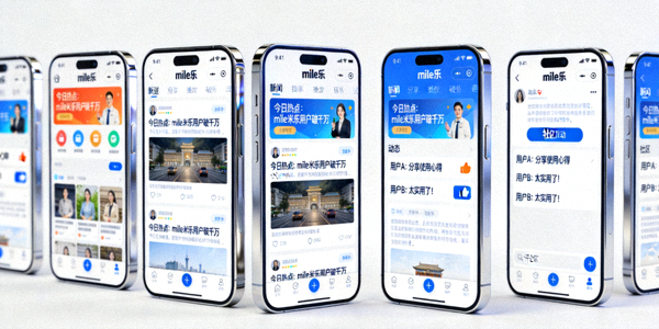 多部手机屏幕展示mile米乐移动端应用界面，包含新闻推送与社区互动功能